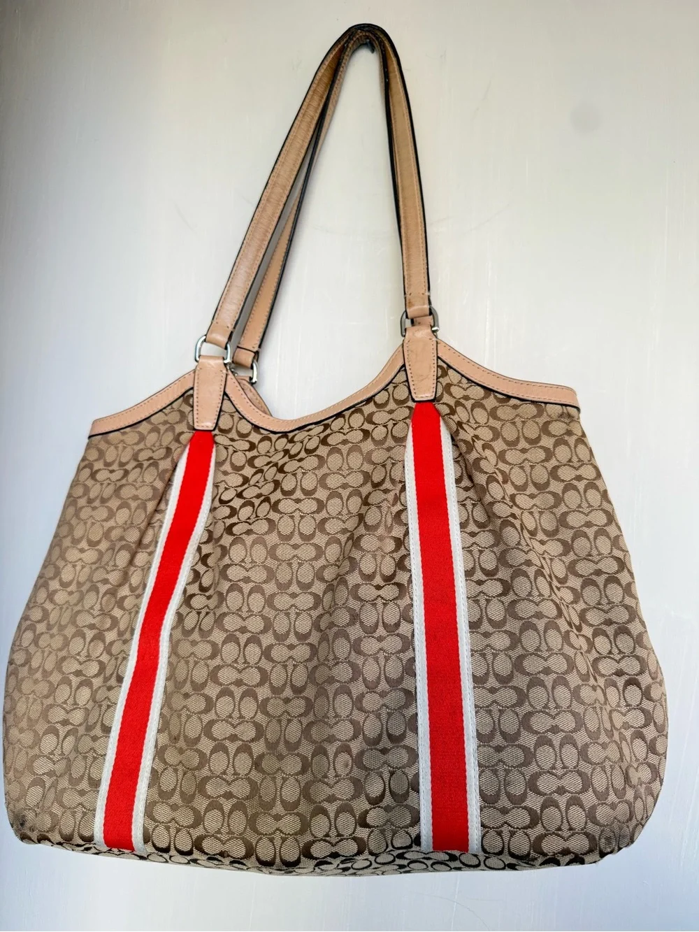 Coach Beige Signature Tote with Red Stripe Accents